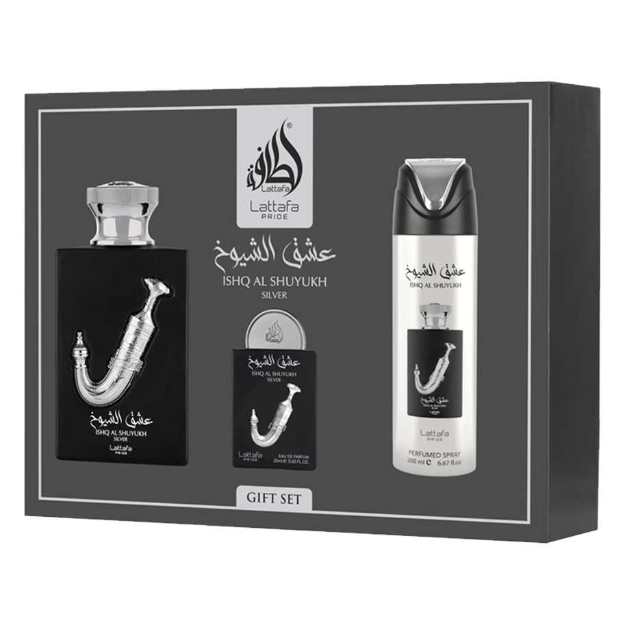 Lattafa Pride Ishq Al Shuyukh Silver Presentset 100 ml + 20 ml + 200 ml
