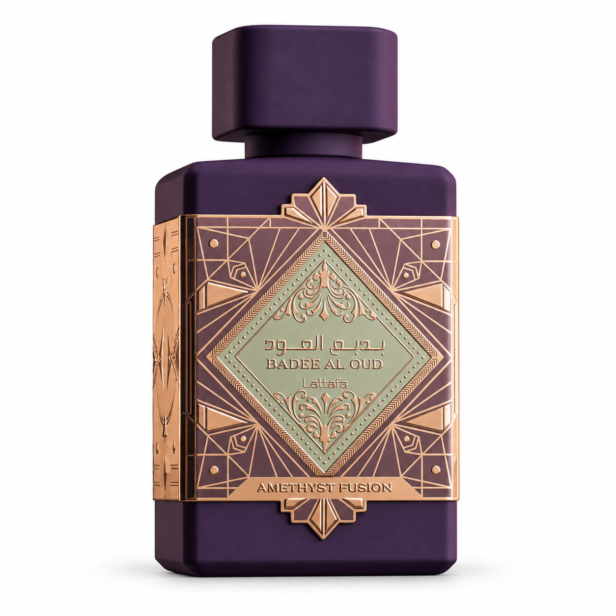 Lattafa Badee Al Oud Amethyst Fusion EDP 100 ml – parfymflaska på vit bakgrund