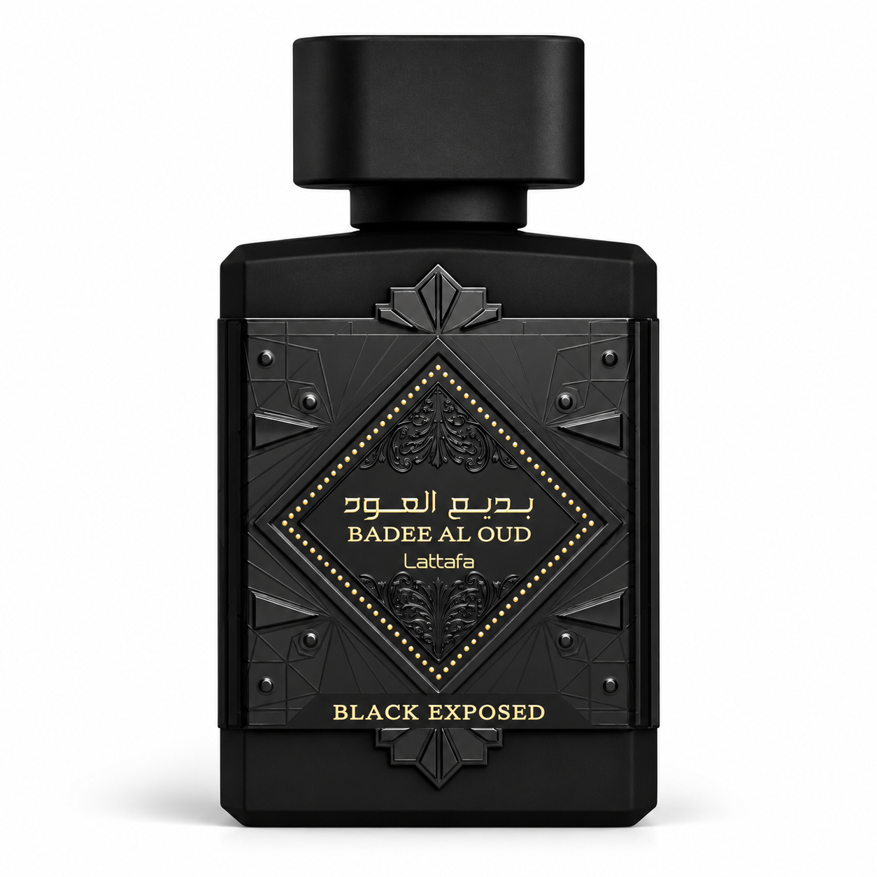 Lattafa Badee Al Oud Black Exposed Eau de Parfum 100 ml – flaska på vit bakgrund