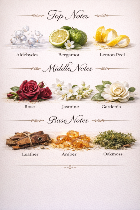 Perfume notes infographic with vintage ingredients