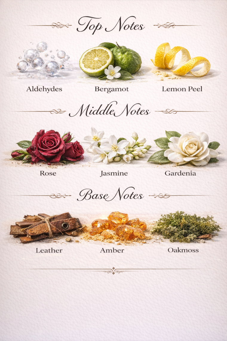 Perfume notes infographic with vintage ingredients